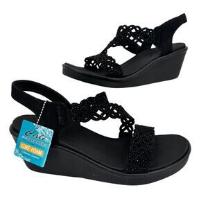 Skechers Sassier Dayz Wedge Sandals Womens Size 11 Black Rumble On Vegan